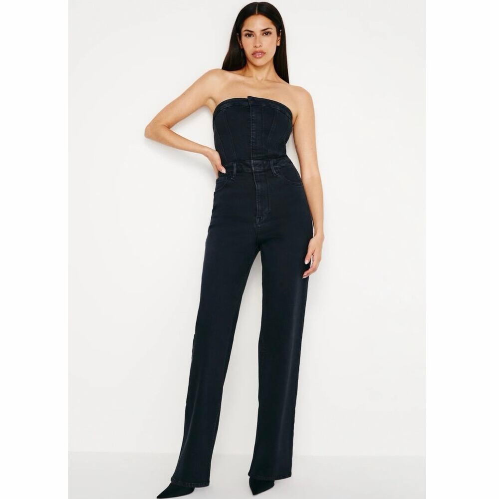 Good American Fit For Success Tube Denim Jumpsuit Strapless Black Size 1 Small